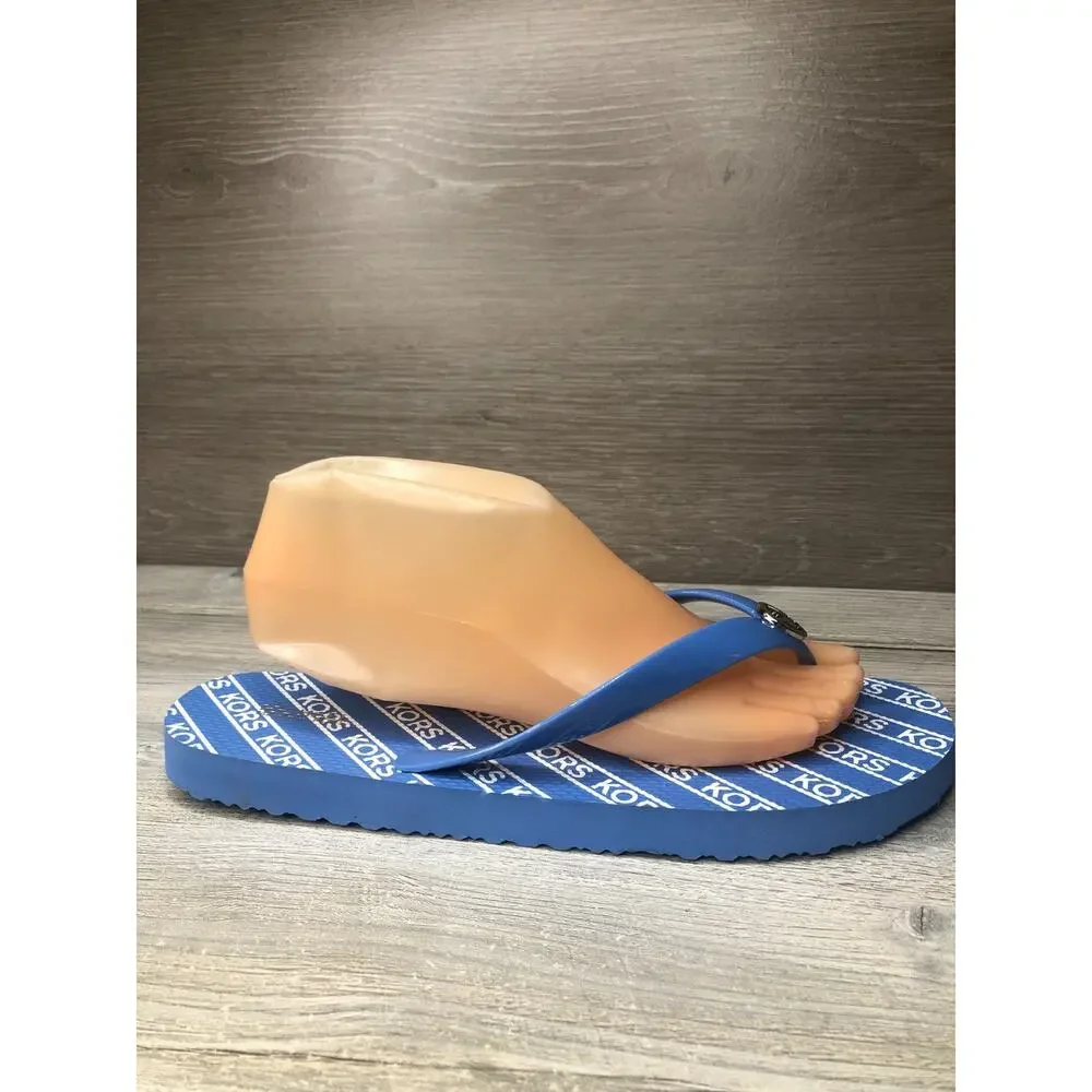 New MICHAEL KORS Women's 11 Blue / Silver Metal MK Charm Logo Flip Flops